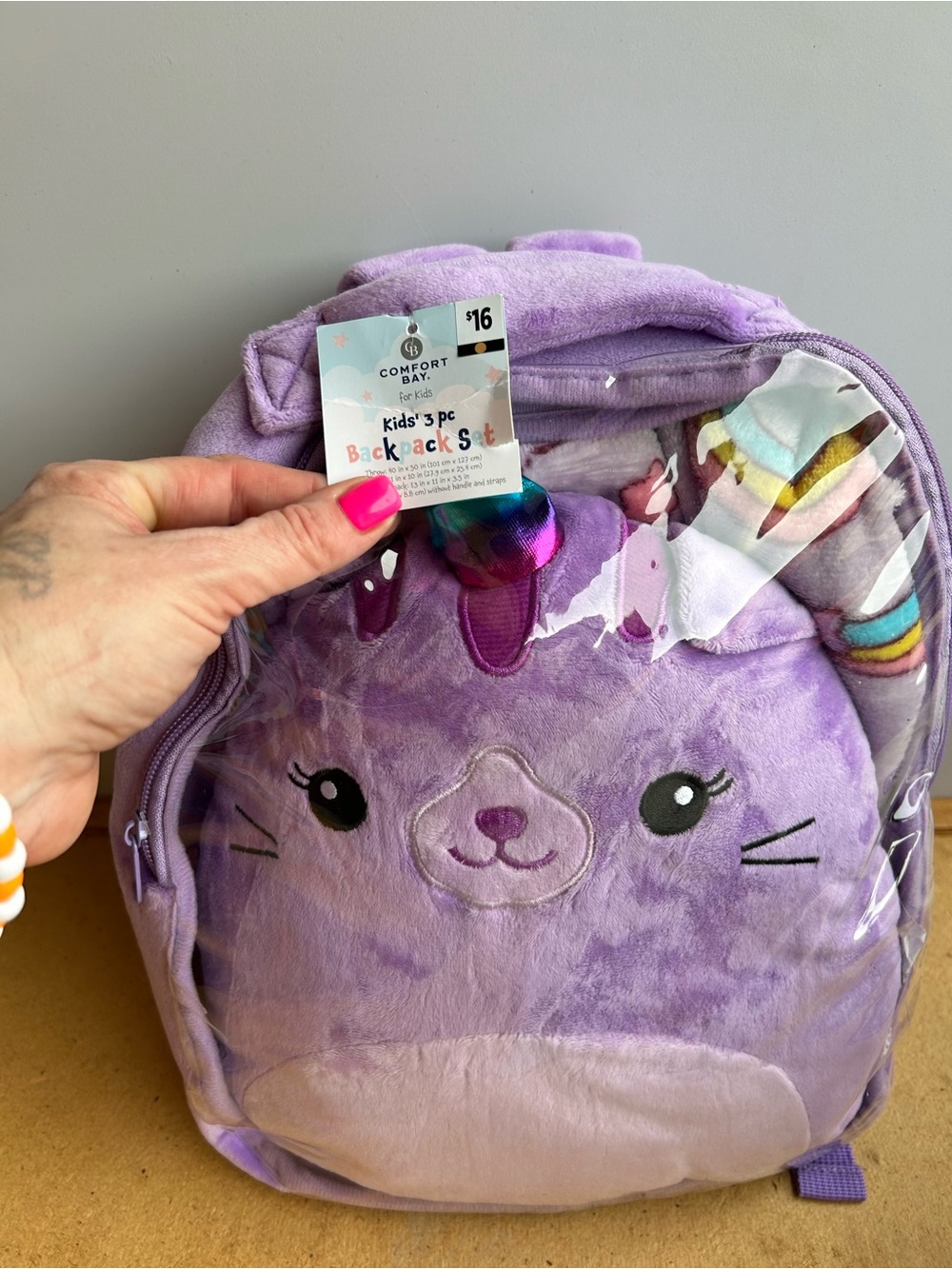 Comfort Bay Purple Plush Unicorn Cat Kids Backpack-New with pillow